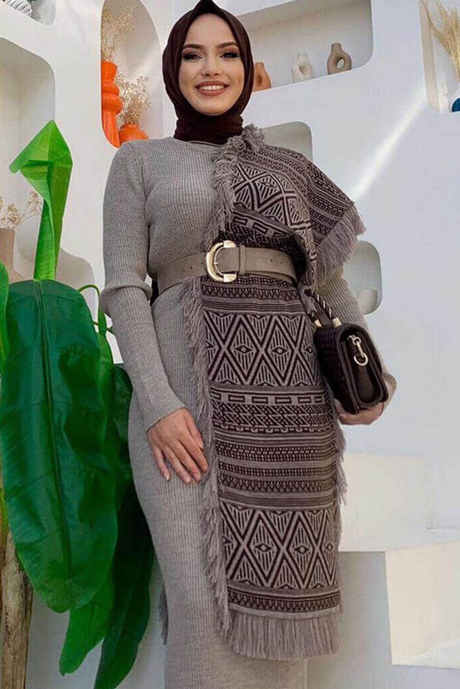 Tesettür giyim KAHVE ETNİK DESENLİ TRİKO ŞAL T 33222