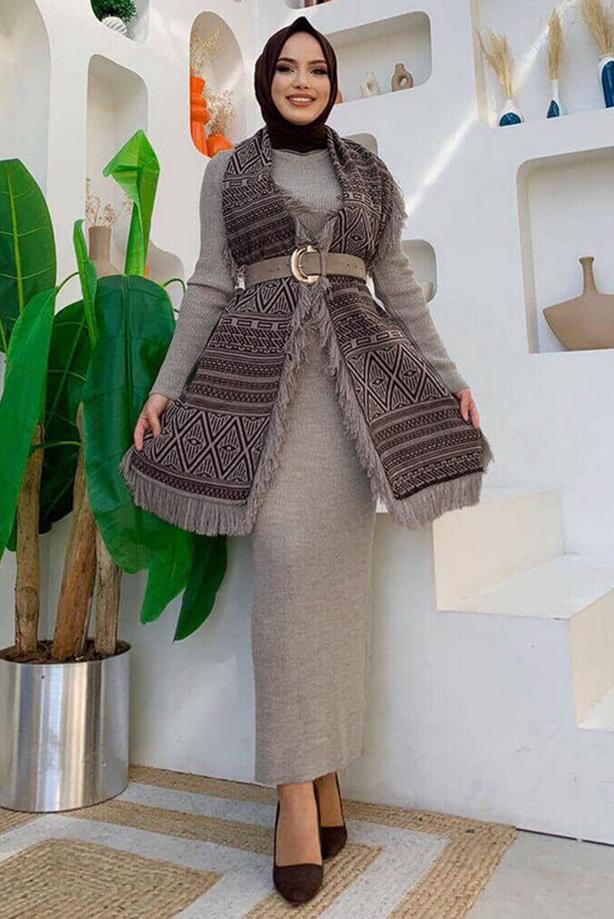 Tesettür giyim KAHVE ETNİK DESENLİ TRİKO ŞAL T 33222 - TRENDTESETTÜR