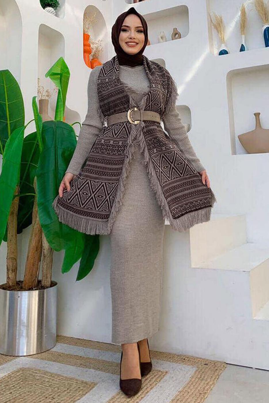 Tesettür giyim KAHVE ETNİK DESENLİ TRİKO ŞAL T 33222