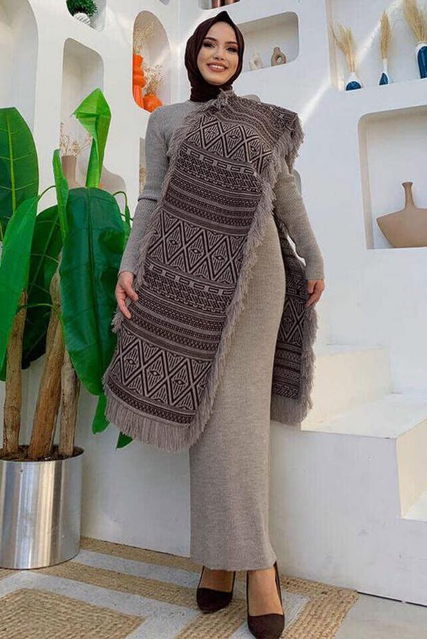 Tesettür giyim KAHVE ETNİK DESENLİ TRİKO ŞAL T 33222 - TRENDTESETTÜR
