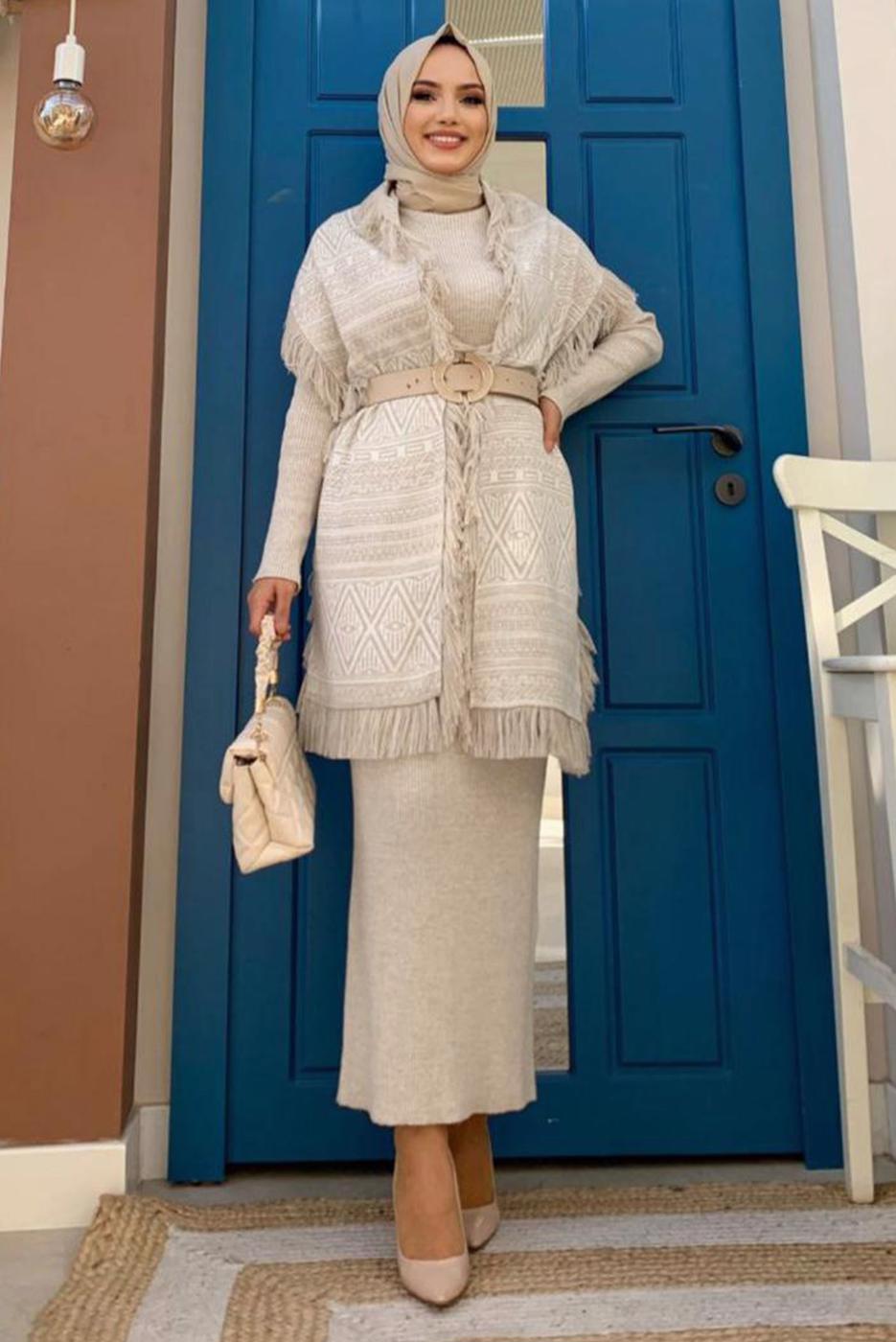 Tesettür giyim BEJ ETNİK DESENLİ TRİKO ŞAL T 33222