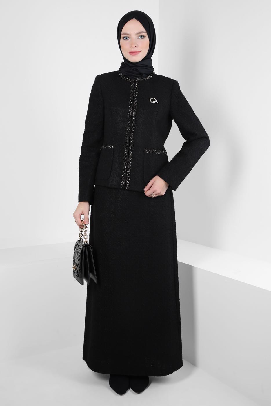 Tesettür giyim SİYAH ALVİNA ETEKLİ TAKIM T 30403