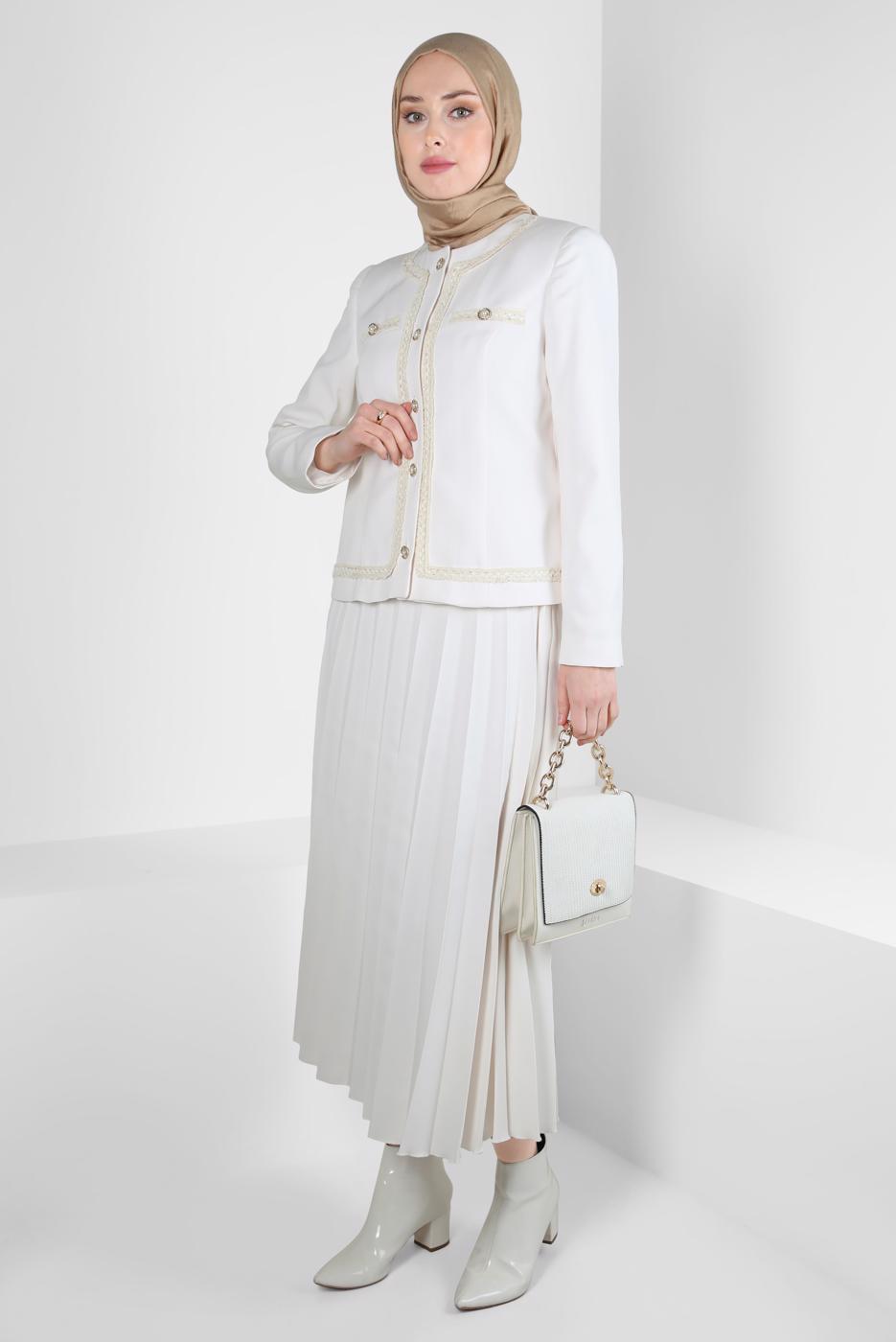 Tesettür giyim KREM ALVİNA PİLİSELİ ETEKLİ TAKIM T 30405