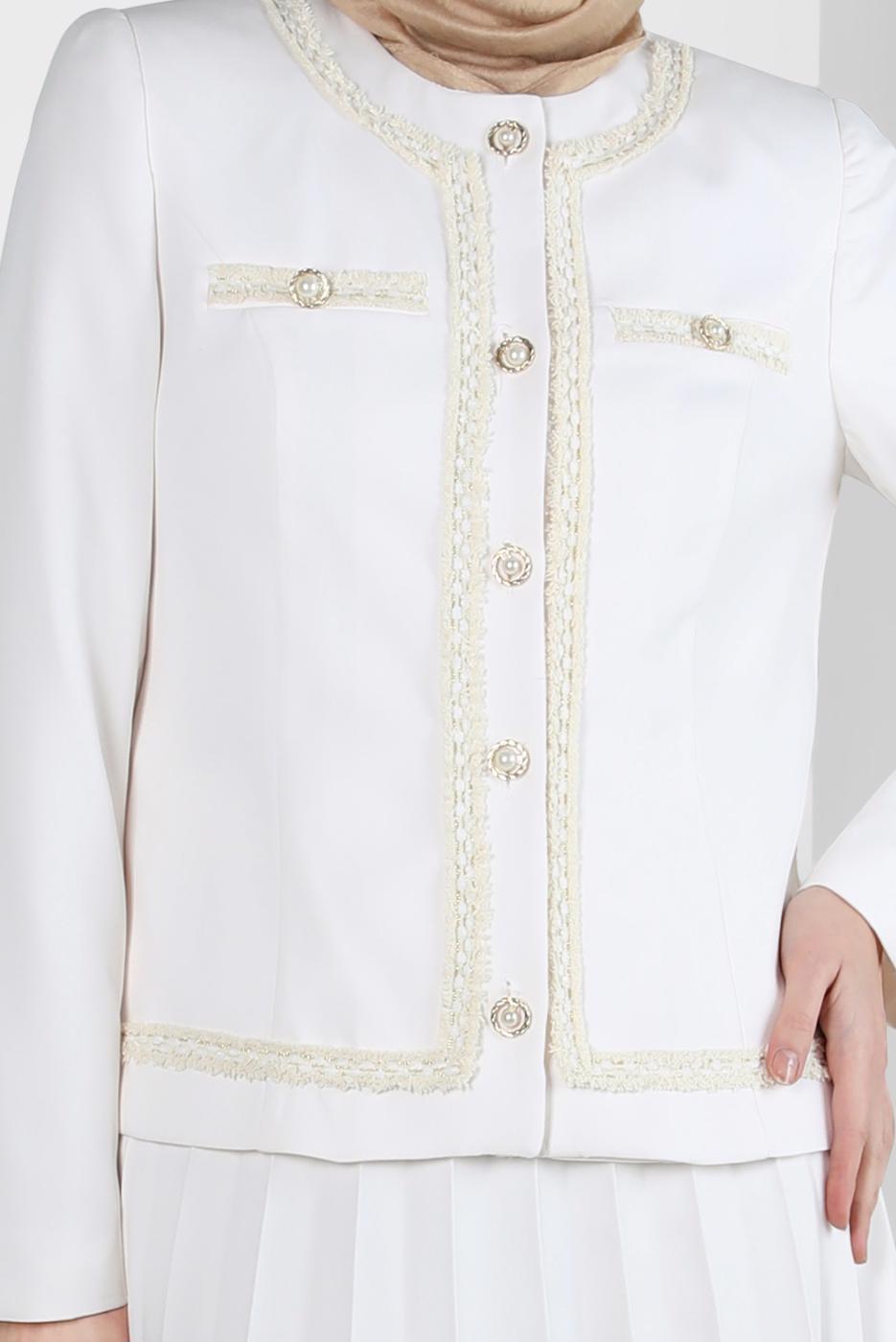 Tesettür giyim KREM ALVİNA PİLİSELİ ETEKLİ TAKIM T 30405