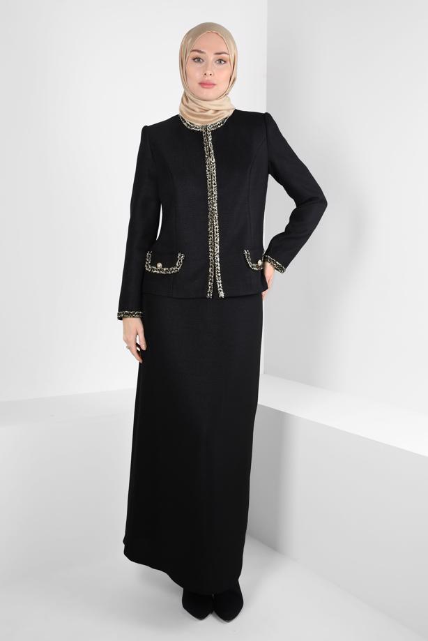 Tesettür giyim SİYAH ALVİNA ETEKLİ TAKIM T 30407 - TRENDTESETTÜR