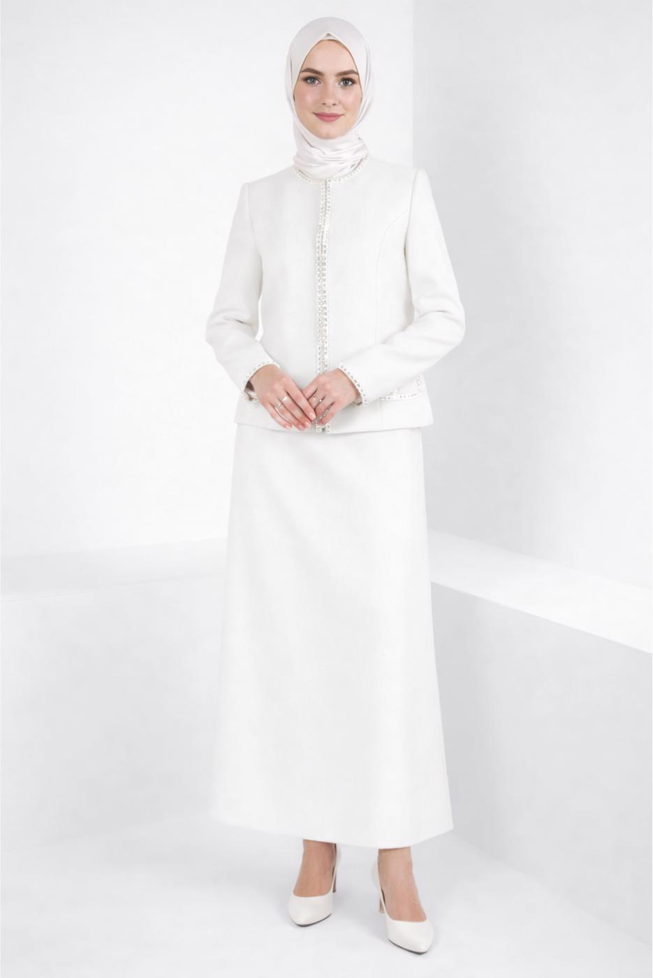 Tesettür giyim KREM ALVİNA ETEKLİ TAKIM T 30407