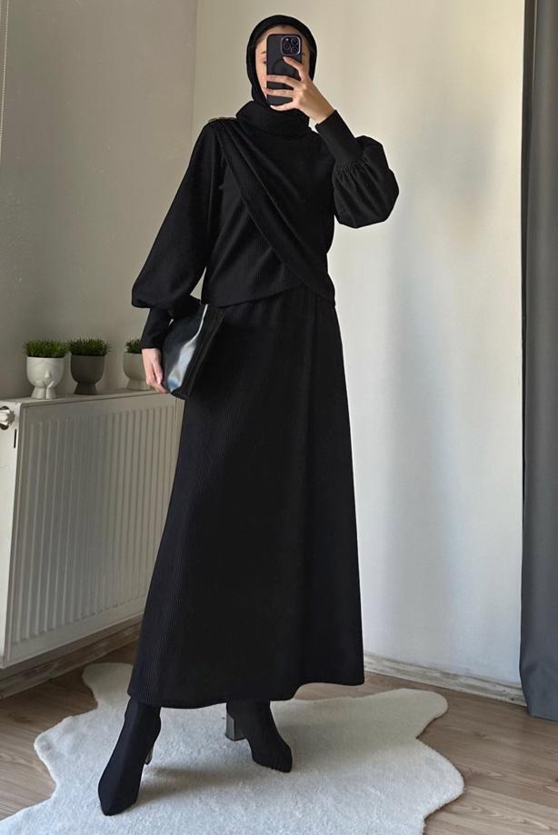 Hijab clothing BLACK SKIRTED SUIT WITH BALLOON SLEEVE T 5573 - TRENDTESETTÜR