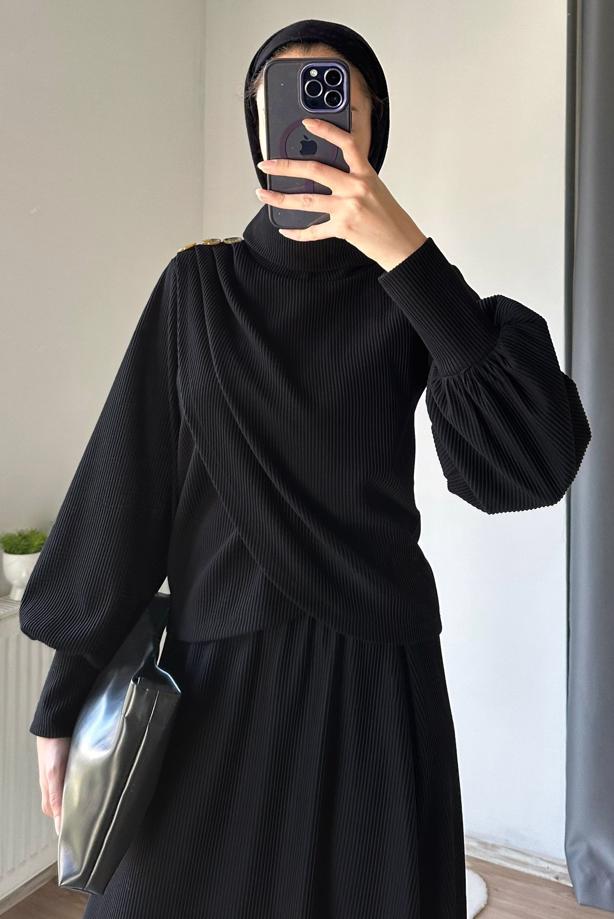 Hijab clothing BLACK SKIRTED SUIT WITH BALLOON SLEEVE T 5573 - TRENDTESETTÜR