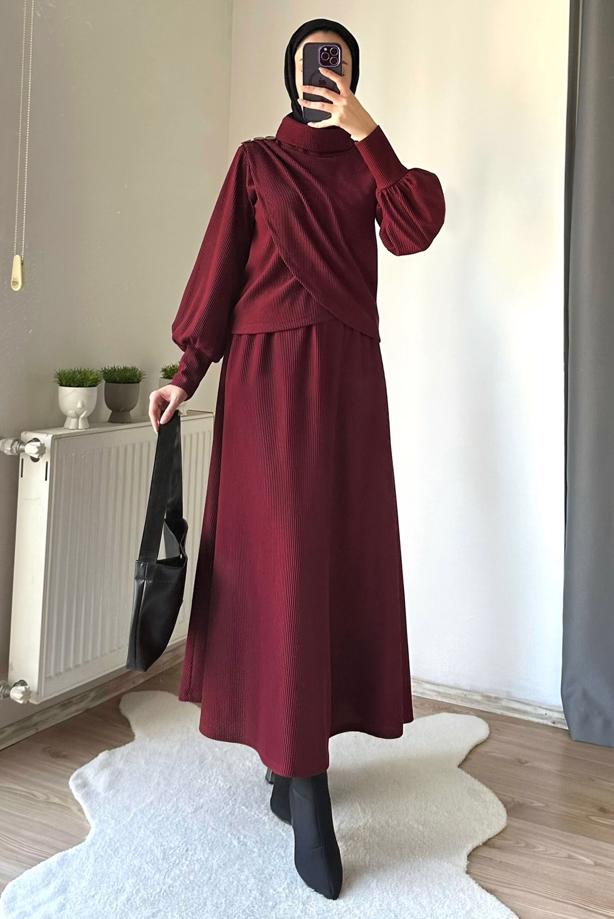Hijab clothing CLARET RED SKIRTED SUIT WITH BALLOON SLEEVE T 5573 - TRENDTESETTÜR