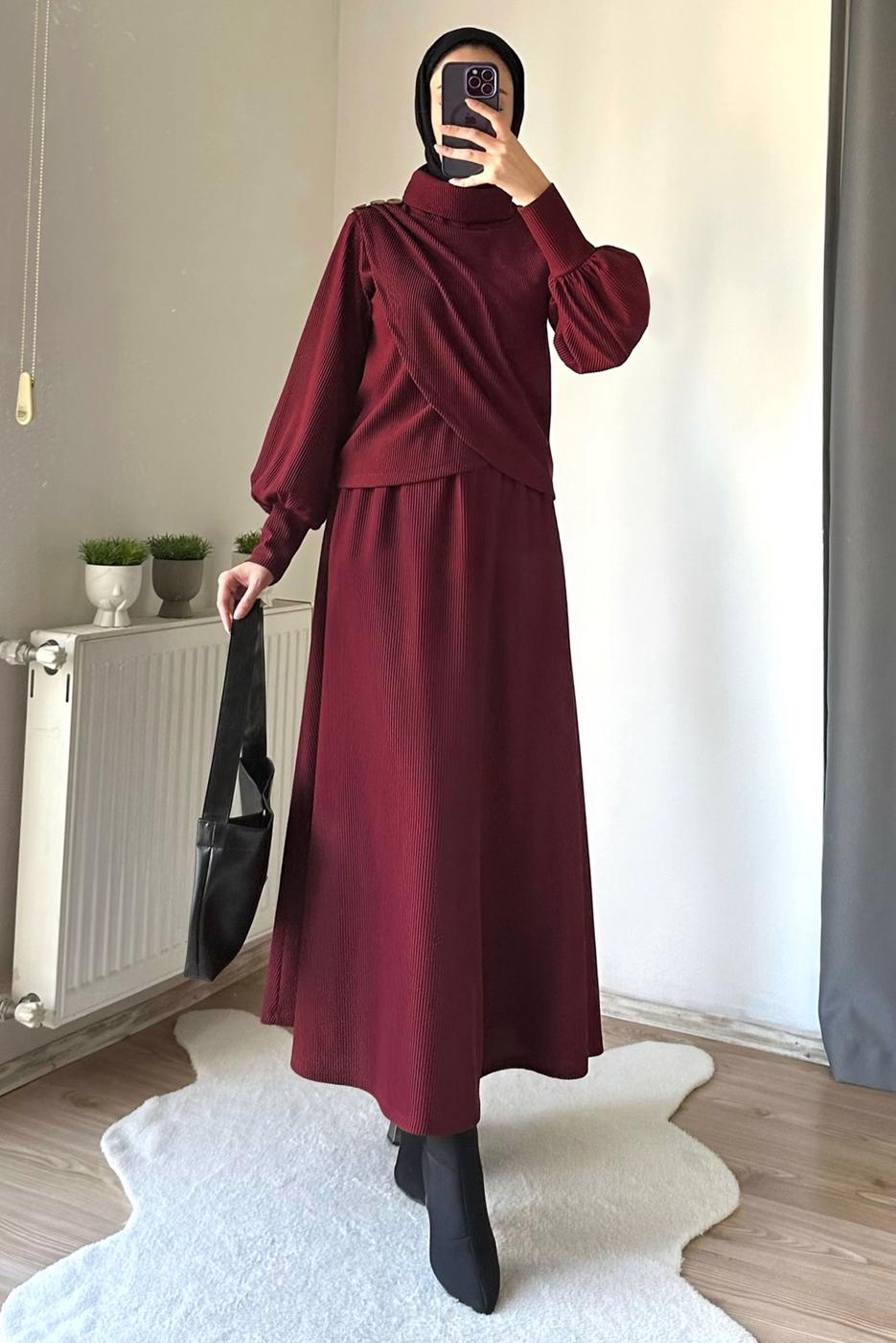 Hijab clothing CLARET RED SKIRTED SUIT WITH BALLOON SLEEVE T 5573