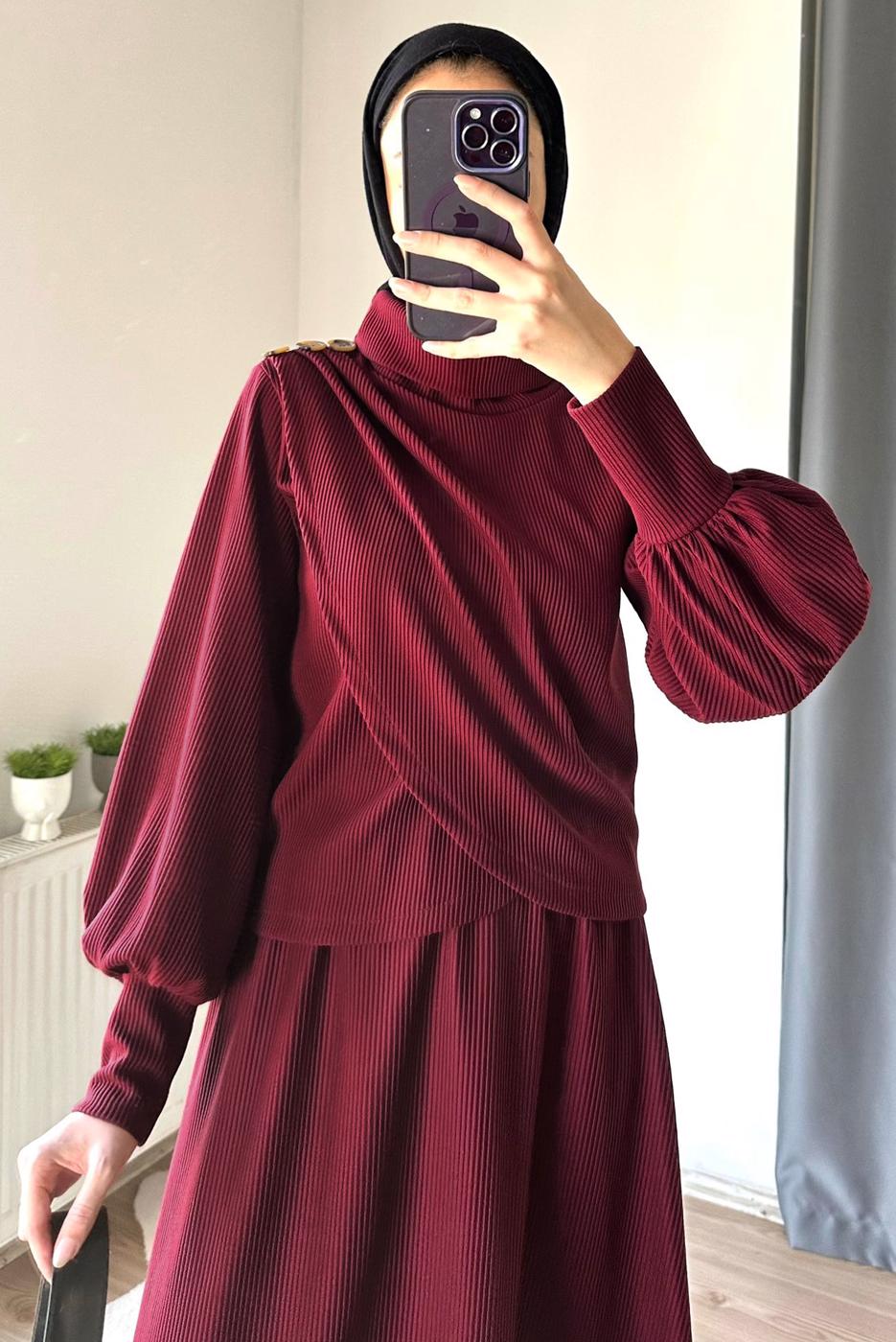 Hijab clothing CLARET RED SKIRTED SUIT WITH BALLOON SLEEVE T 5573