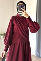 Hijab clothing CLARET RED SKIRTED SUIT WITH BALLOON SLEEVE T 5573