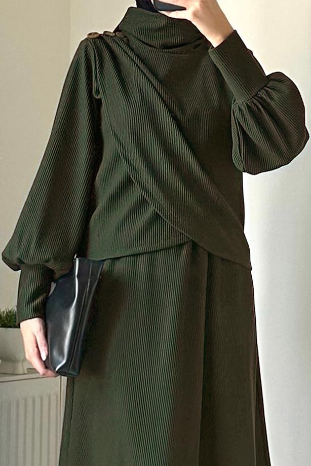 Hijab clothing KHAKI SKIRTED SUIT WITH BALLOON SLEEVE T 5573 - TRENDTESETTÜR