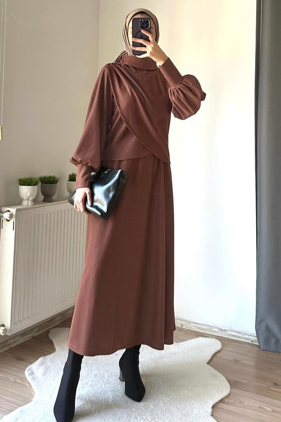 Hijab clothing BROWN SKIRTED SUIT WITH BALLOON SLEEVE T 5573