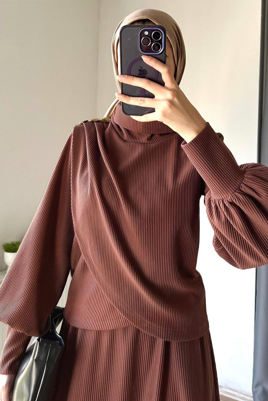 Hijab clothing BROWN SKIRTED SUIT WITH BALLOON SLEEVE T 5573