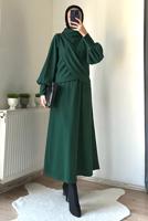 Hijab clothing GREEN SKIRTED SUIT WITH BALLOON SLEEVE T 5573