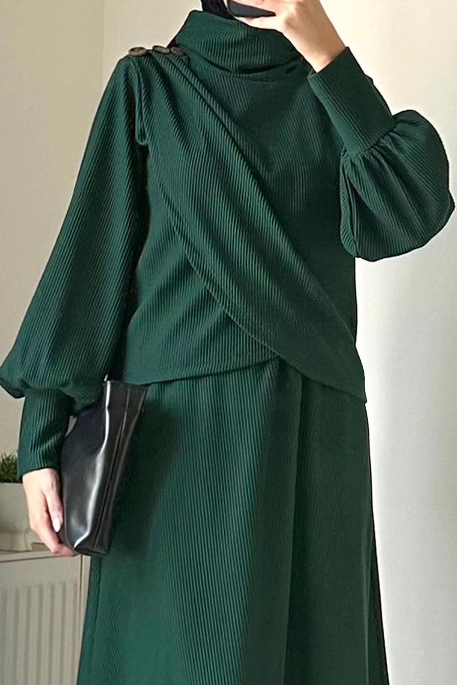 Hijab clothing GREEN SKIRTED SUIT WITH BALLOON SLEEVE T 5573