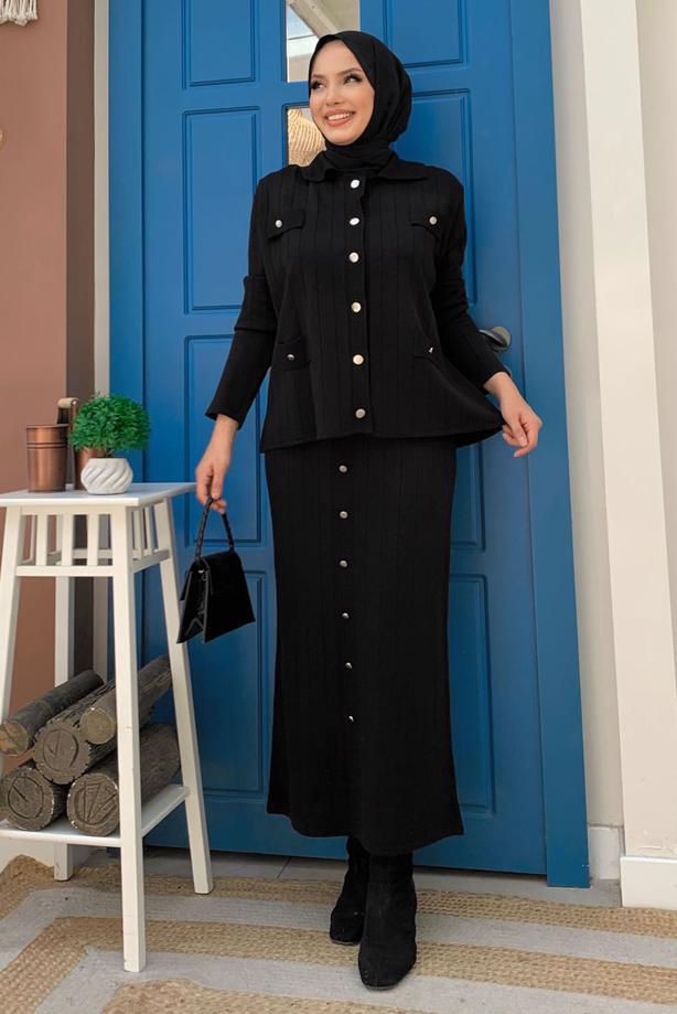 Tesettür giyim SİYAH TRİKO ETEKLİ TAKIM T 60332 - TRENDTESETTÜR