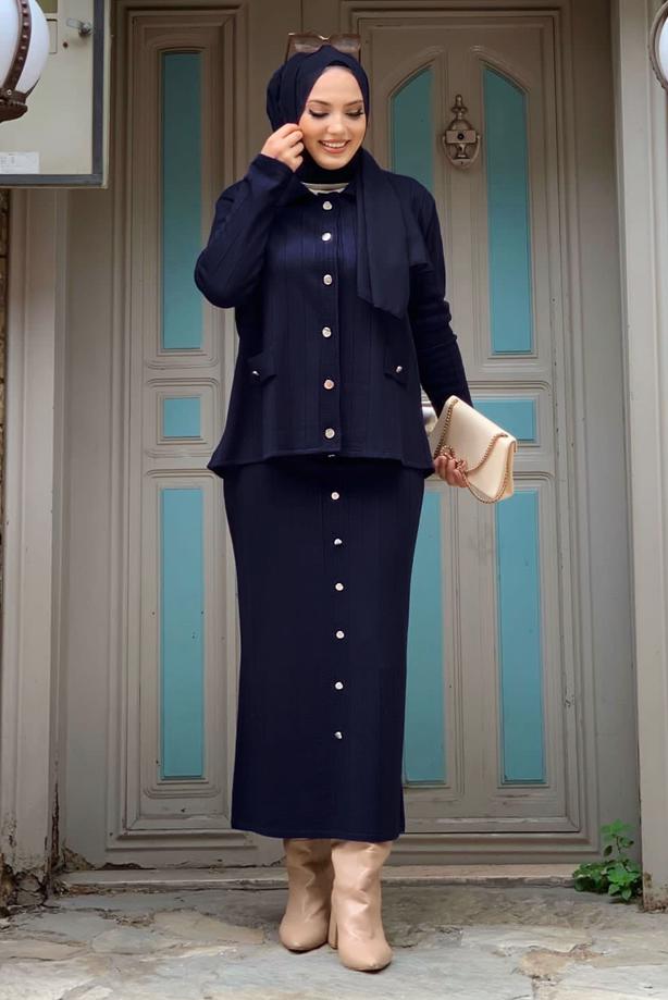 Hijab clothing NAVY BLUE KNITWEAR SKIRTED SUIT T 60332 - TRENDTESETTÜR