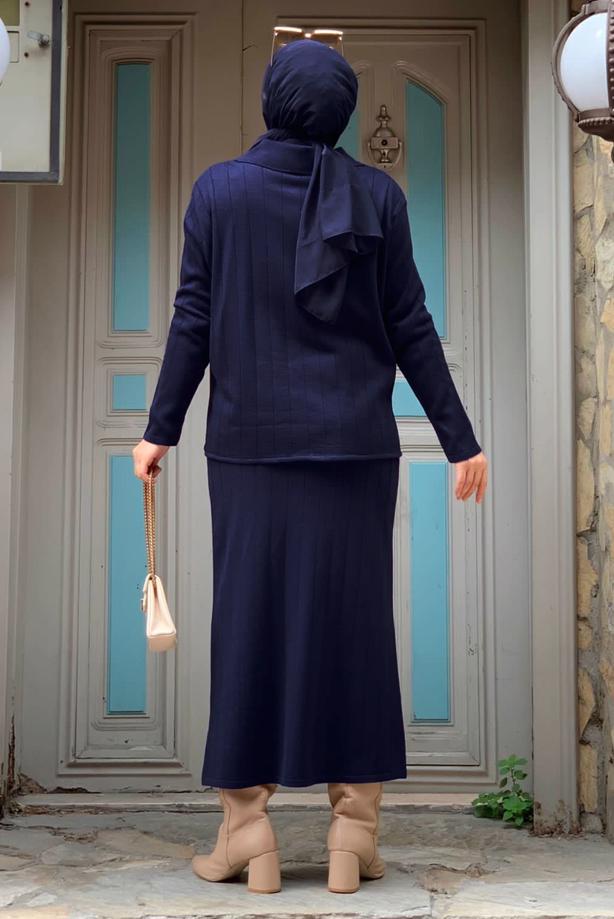 Hijab clothing NAVY BLUE KNITWEAR SKIRTED SUIT T 60332 - TRENDTESETTÜR