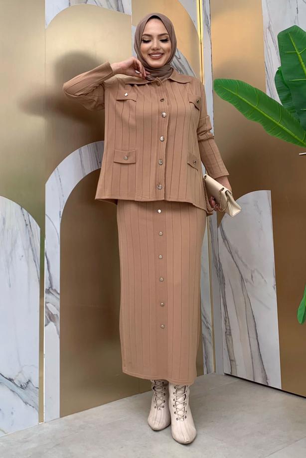 Tesettür giyim TABA TRİKO ETEKLİ TAKIM T 60332 - TRENDTESETTÜR