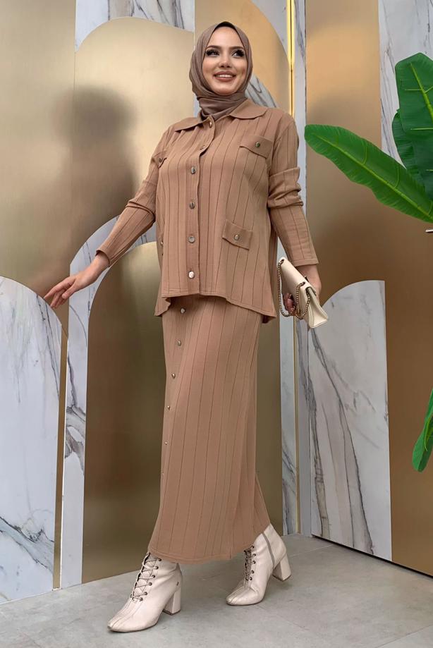 Tesettür giyim TABA TRİKO ETEKLİ TAKIM T 60332 - TRENDTESETTÜR