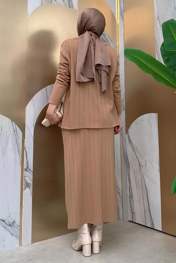 Tesettür giyim TABA TRİKO ETEKLİ TAKIM T 60332 - TRENDTESETTÜR