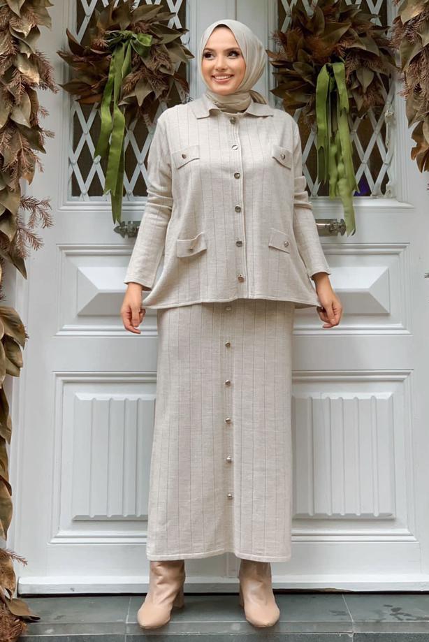 Tesettür giyim BEJ TRİKO ETEKLİ TAKIM T 60332 - TRENDTESETTÜR