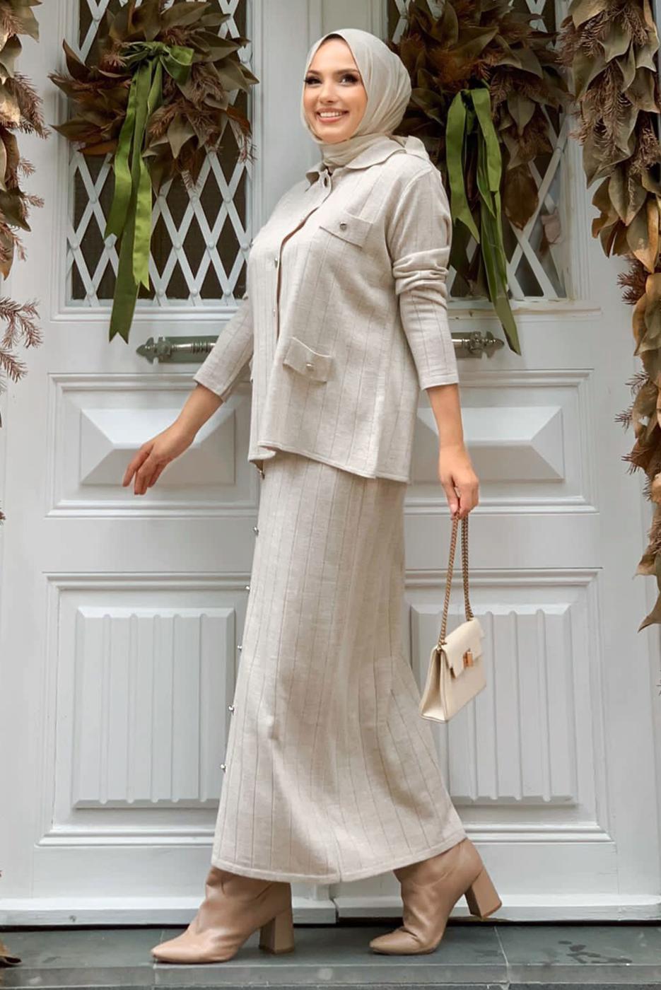 Vêtements hijab BEIGE COSTUME EN TRICOT JUPE T 60332