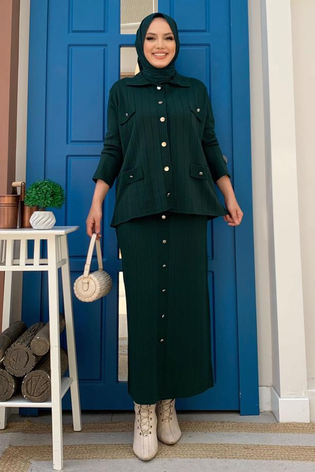 Tesettür giyim YEŞİL TRİKO ETEKLİ TAKIM T 60332 - TRENDTESETTÜR