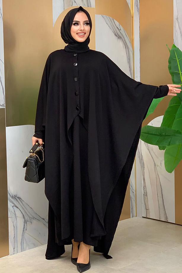 Vêtements hijab NOIR ROBE EN MAILLE DÉTAIL BOUTONS AVEC CAPE T 52222 - TRENDTESETTÜR