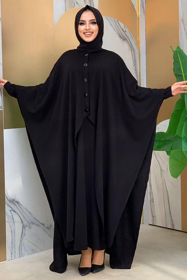 Vêtements hijab NOIR ROBE EN MAILLE DÉTAIL BOUTONS AVEC CAPE T 52222 - TRENDTESETTÜR