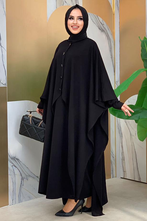 Vêtements hijab NOIR ROBE EN MAILLE DÉTAIL BOUTONS AVEC CAPE T 52222 - TRENDTESETTÜR