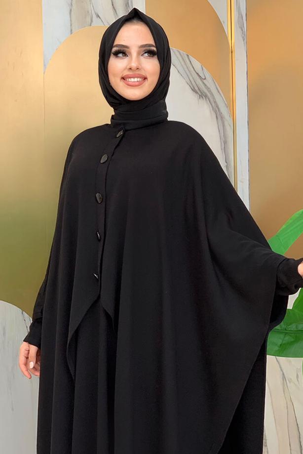 Vêtements hijab NOIR ROBE EN MAILLE DÉTAIL BOUTONS AVEC CAPE T 52222 - TRENDTESETTÜR