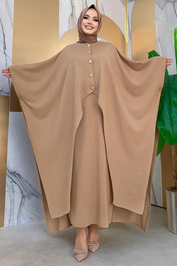 Vêtements hijab TABA ROBE EN MAILLE DÉTAIL BOUTONS AVEC CAPE T 52222 - TRENDTESETTÜR