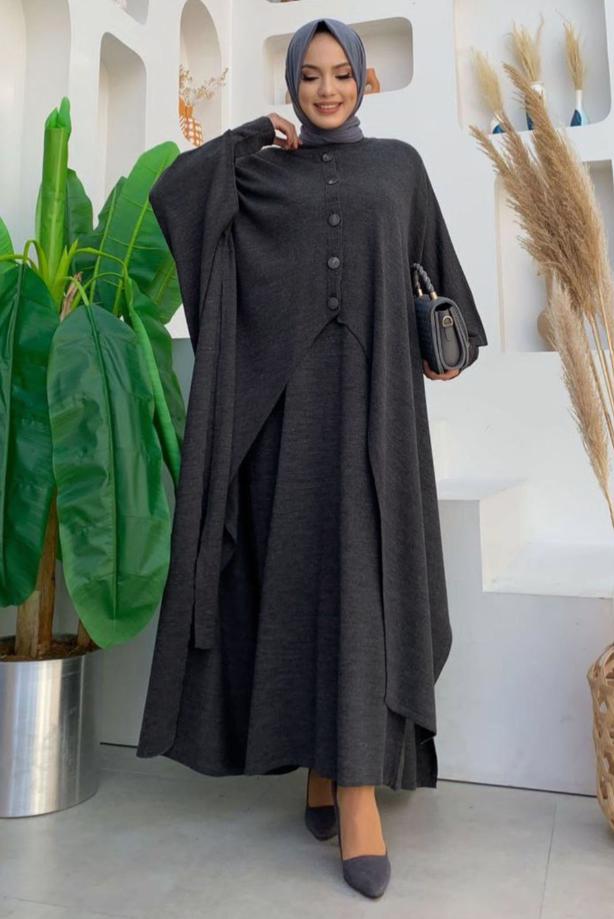 Vêtements hijab GRIS ROBE EN MAILLE DÉTAIL BOUTONS AVEC CAPE T 52222 - TRENDTESETTÜR