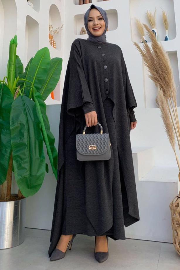 Vêtements hijab GRIS ROBE EN MAILLE DÉTAIL BOUTONS AVEC CAPE T 52222 - TRENDTESETTÜR