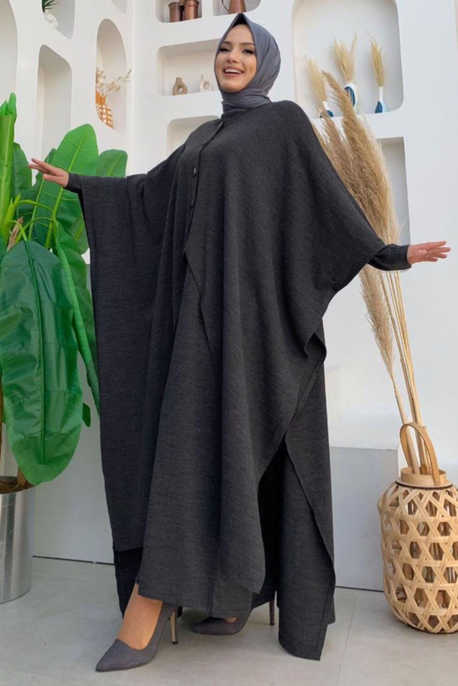 Vêtements hijab GRIS ROBE EN MAILLE DÉTAIL BOUTONS AVEC CAPE T 52222