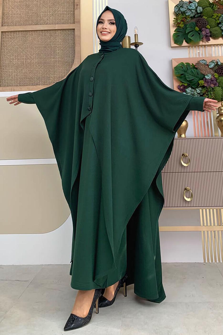 Vêtements hijab VERT ROBE EN MAILLE DÉTAIL BOUTONS AVEC CAPE T 52222