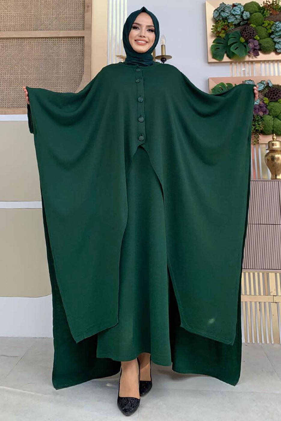 Vêtements hijab VERT ROBE EN MAILLE DÉTAIL BOUTONS AVEC CAPE T 52222