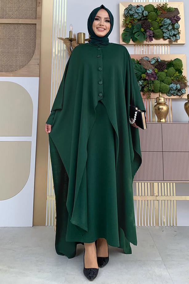 Vêtements hijab VERT ROBE EN MAILLE DÉTAIL BOUTONS AVEC CAPE T 52222 - TRENDTESETTÜR