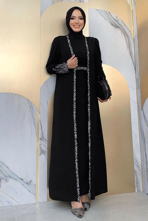 Vêtements hijab NOIR COSTUME ROBE AVEC GILET T 8383 - TRENDTESETTÜR