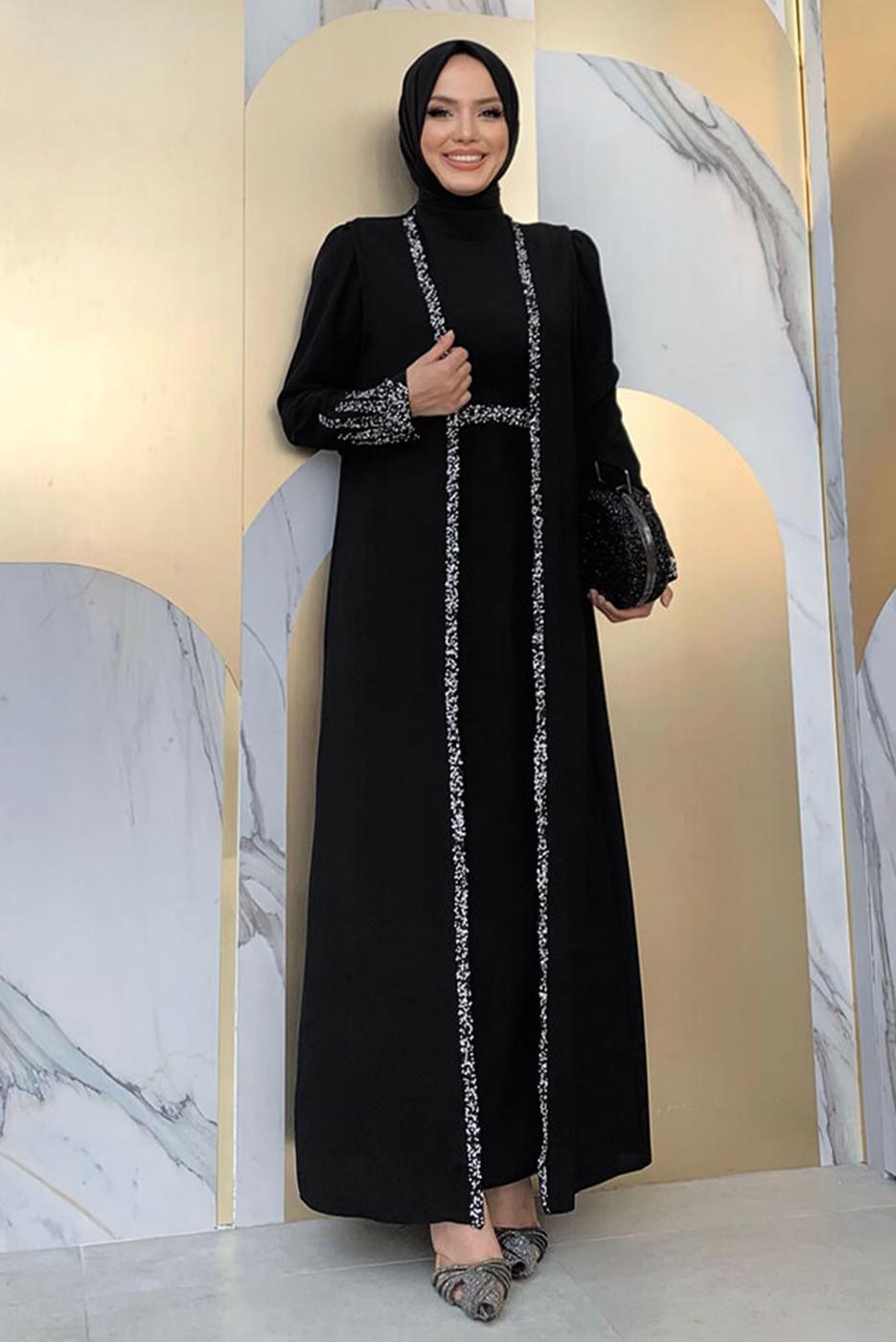 Vêtements hijab NOIR COSTUME ROBE AVEC GILET T 8383