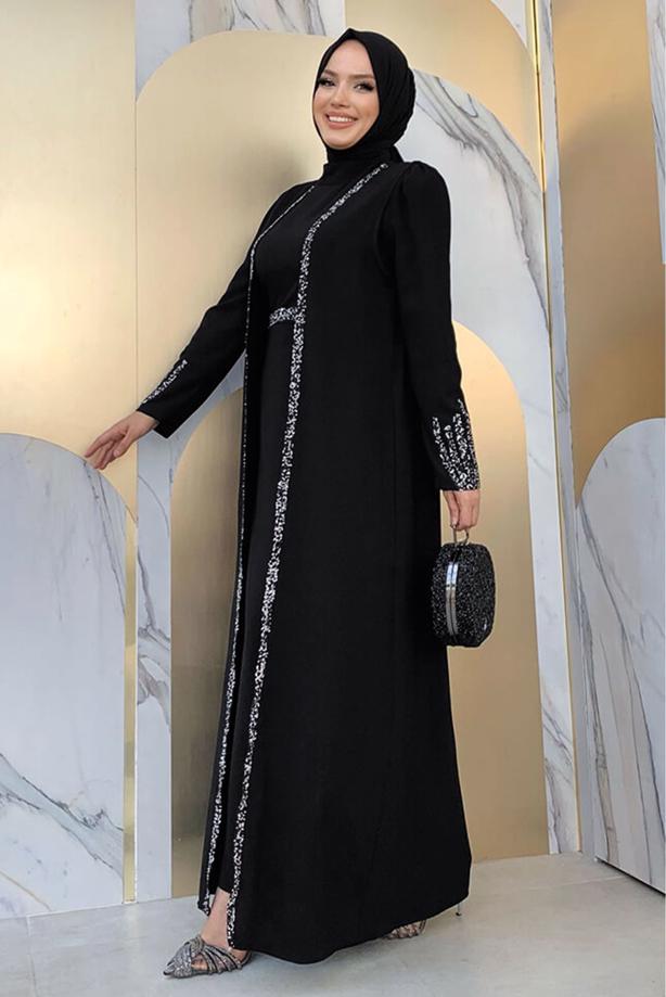 Vêtements hijab NOIR COSTUME ROBE AVEC GILET T 8383 - TRENDTESETTÜR