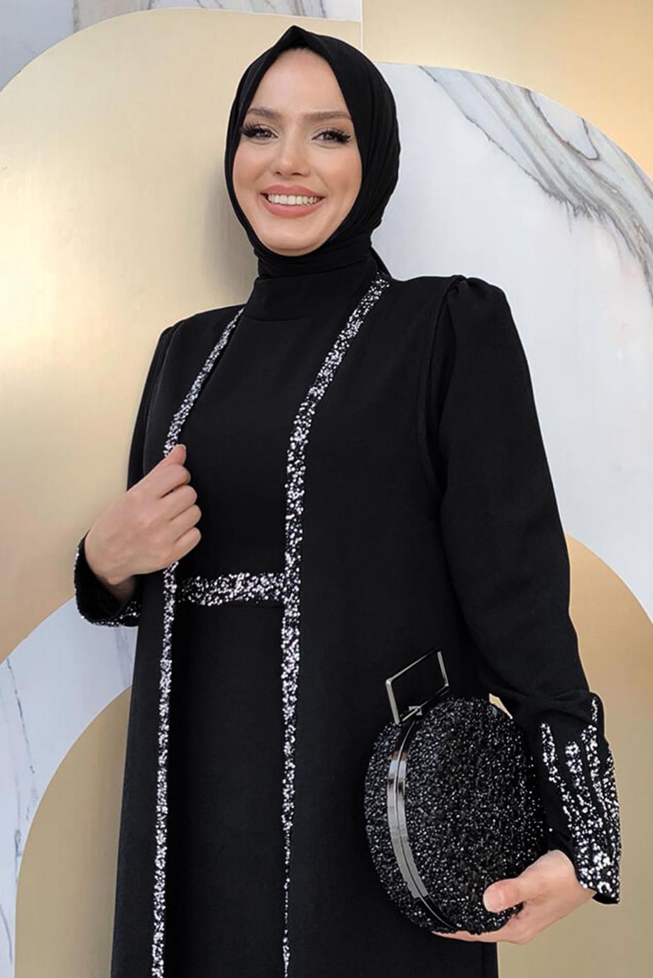 Vêtements hijab NOIR COSTUME ROBE AVEC GILET T 8383