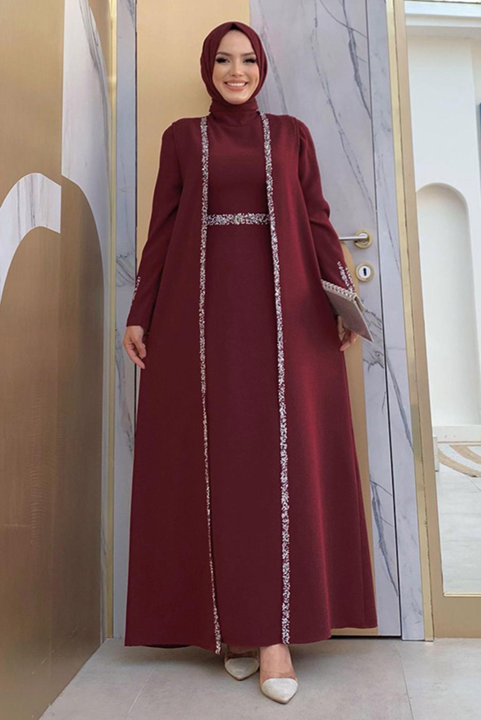 Vêtements hijab ROUGE BORDEAUX COSTUME ROBE AVEC GILET T 8383