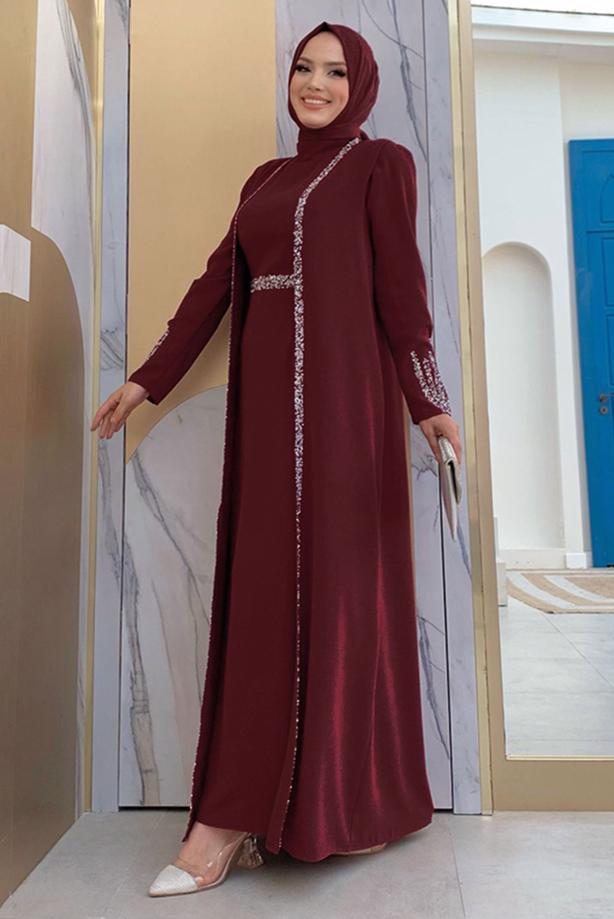 Vêtements hijab ROUGE BORDEAUX COSTUME ROBE AVEC GILET T 8383 - TRENDTESETTÜR