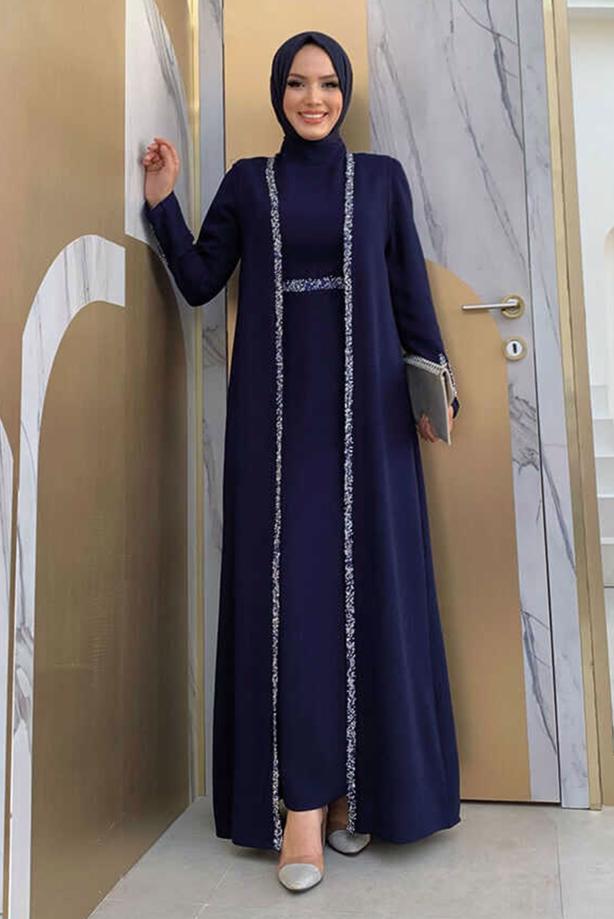 Vêtements hijab BLEU MARINE COSTUME ROBE AVEC GILET T 8383 - TRENDTESETTÜR