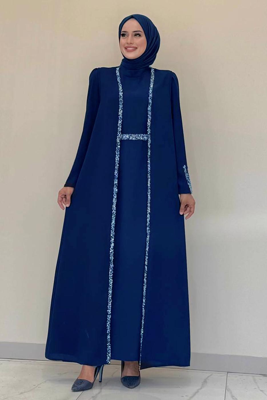 Vêtements hijab BLEU MARINE COSTUME ROBE AVEC GILET T 8383