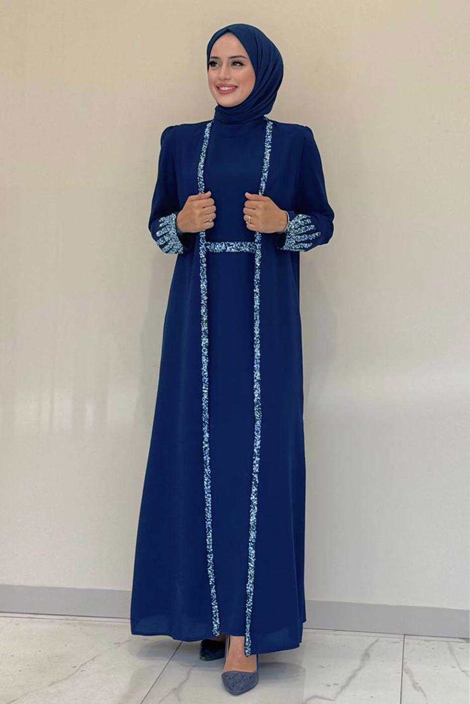 Vêtements hijab BLEU MARINE COSTUME ROBE AVEC GILET T 8383